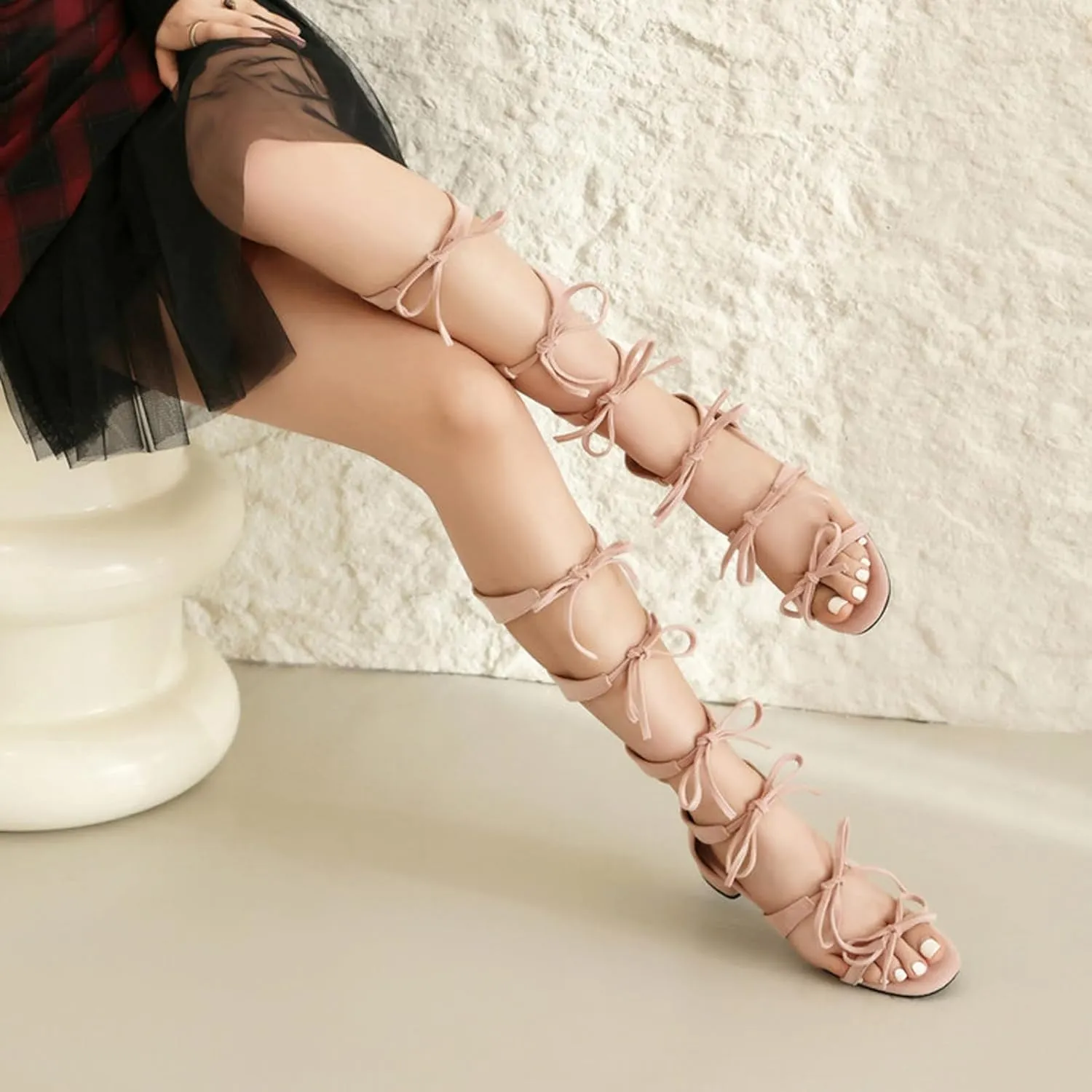 Women's Gladiator Knee High Flat Sandals Lace Up Strappy with Bow Open Toe Summer Comfort Tassel Roman Boots