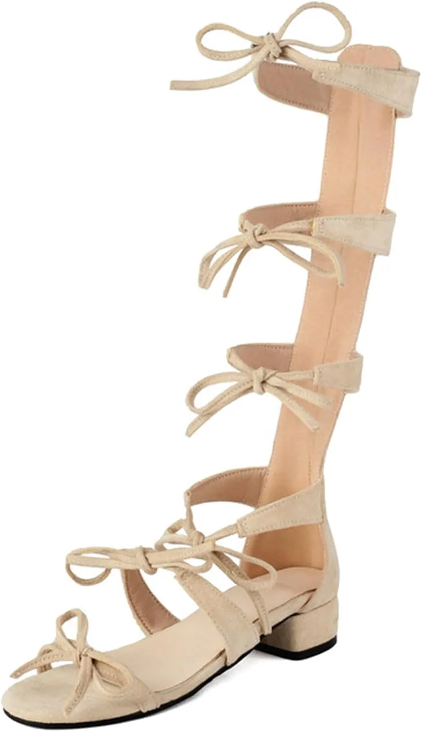 Women's Gladiator Knee High Flat Sandals Lace Up Strappy with Bow Open Toe Summer Comfort Tassel Roman Boots