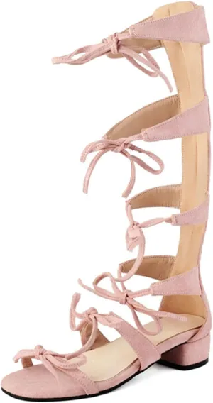 Women's Gladiator Knee High Flat Sandals Lace Up Strappy with Bow Open Toe Summer Comfort Tassel Roman Boots