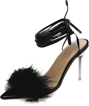 Women's High Heel Sandals Fuzzy Strappy Stiletto High Heel Open Pointed Toe Dress Shoes Summer Ankle Strap Pumps