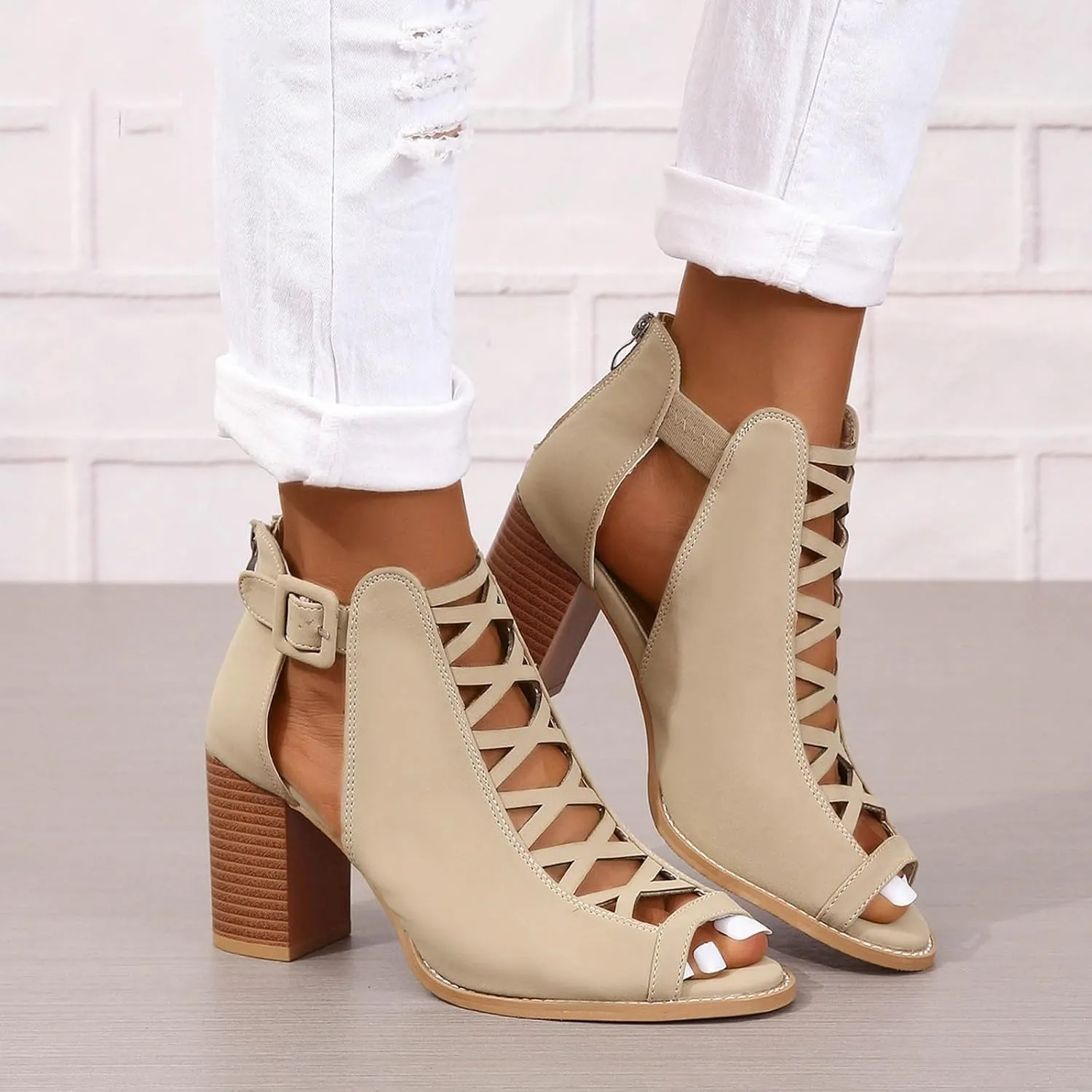 Women's Open Toe Booties with Block Heel and Side Comfortable and Stylish Cut Out Design Chunky Women Platform Heels