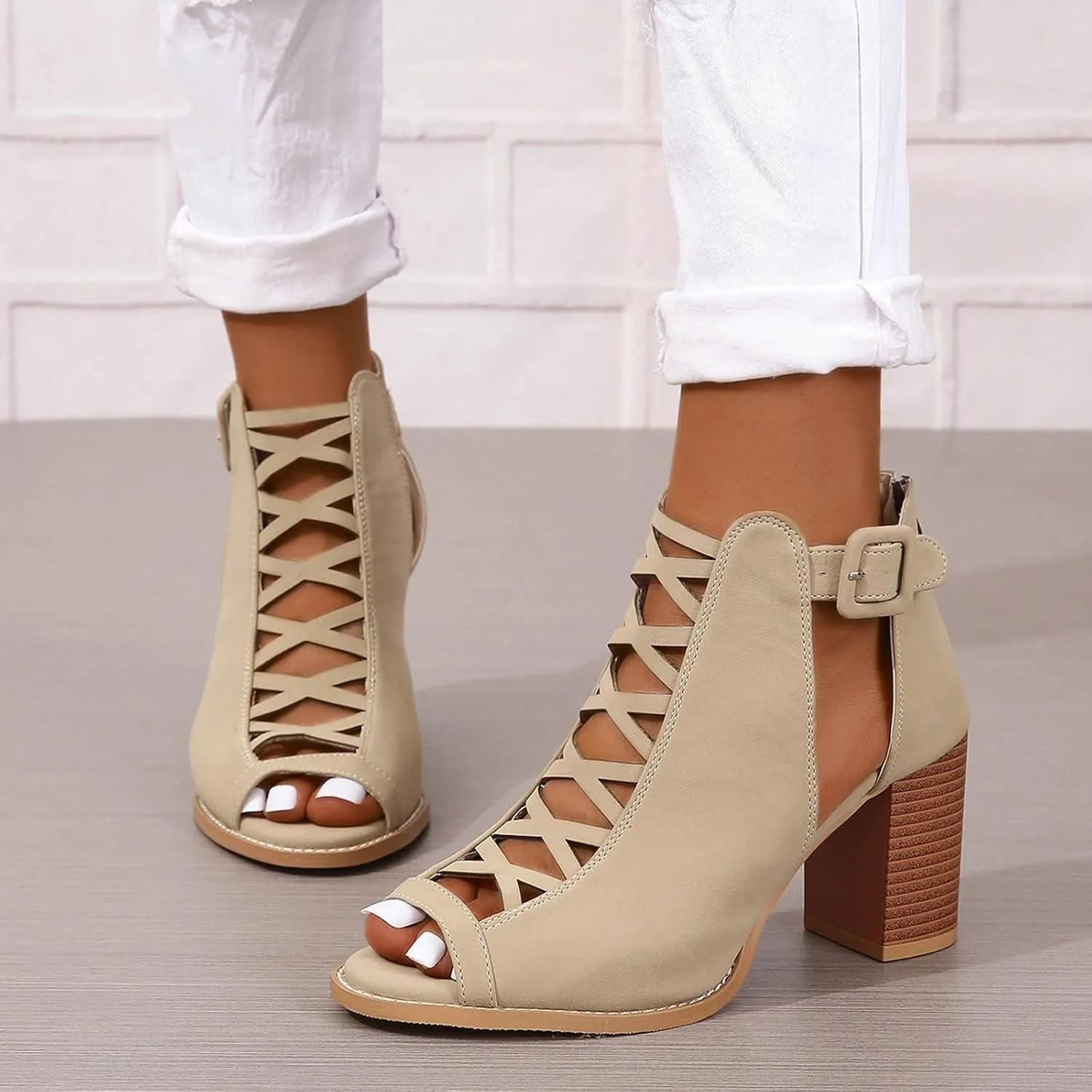 Women's Open Toe Booties with Block Heel and Side Comfortable and Stylish Cut Out Design Chunky Women Platform Heels