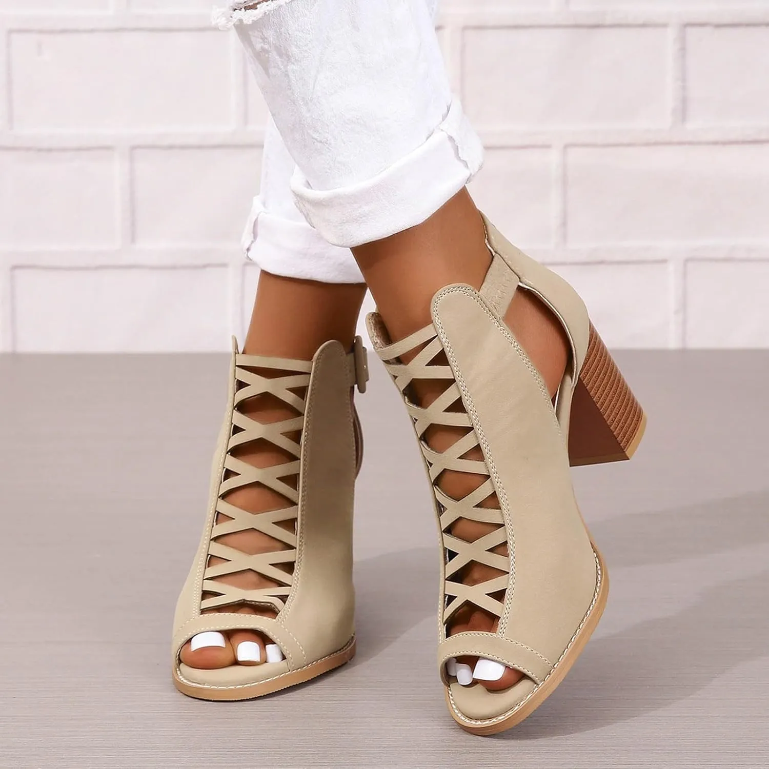 Women's Open Toe Booties with Block Heel and Side Comfortable and Stylish Cut Out Design Chunky Women Platform Heels