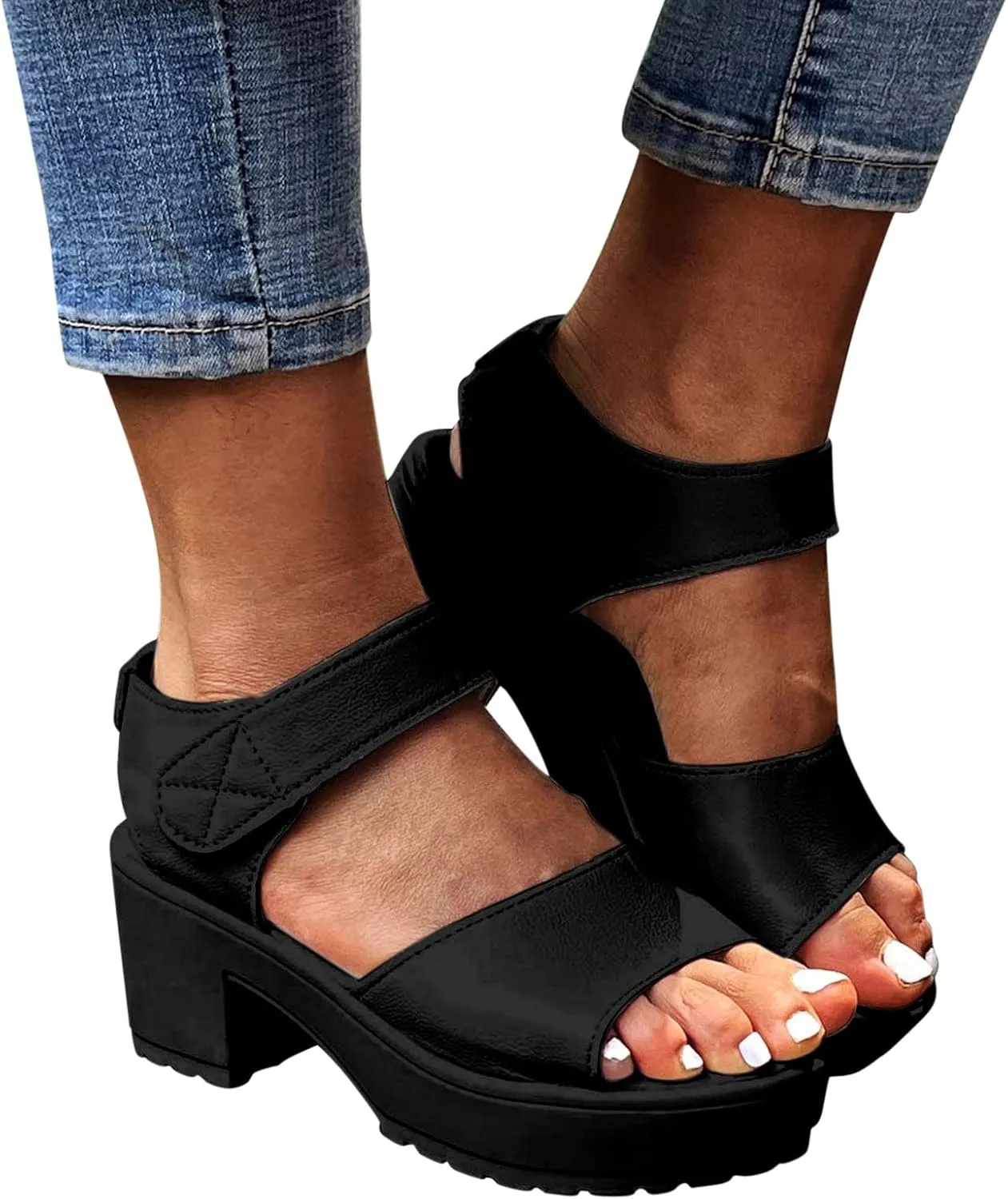 Womens Open Toe Lug Sole Block Heel Sandals with Adjustable Ankle Strap Summer Platform Chunky Heel Sandals