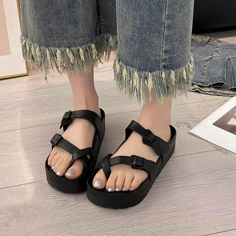 Womens Platform Thong Sandals Adjustable Buckle Lightweight Comfort Non Slip Sole EVA Casual with Arch Support