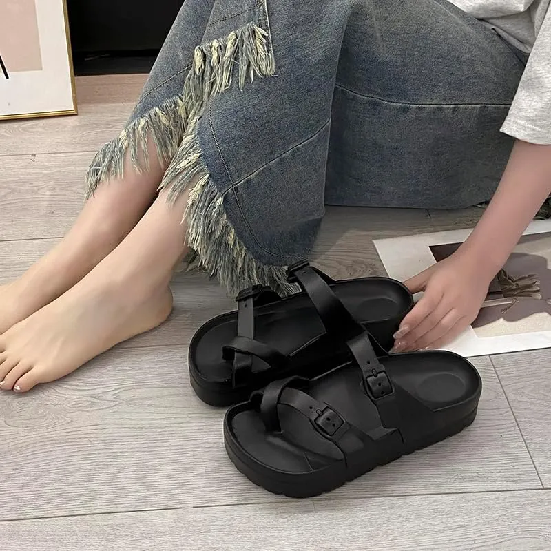Womens Platform Thong Sandals Adjustable Buckle Lightweight Comfort Non Slip Sole EVA Casual with Arch Support