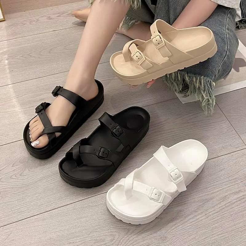 Womens Platform Thong Sandals Adjustable Buckle Lightweight Comfort Non Slip Sole EVA Casual with Arch Support