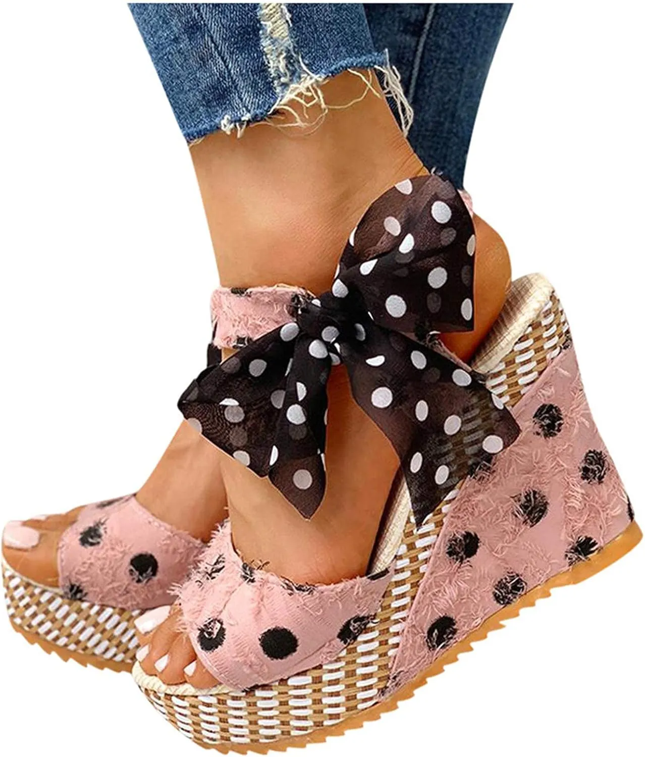 Women's Platform Wedge Sandals Polka Dot Wedge Bow Platform Sandals Elegant Floral Bow Tie Ankle Strap Shoes for Bride Wedding Christmas Halloween Party Favor