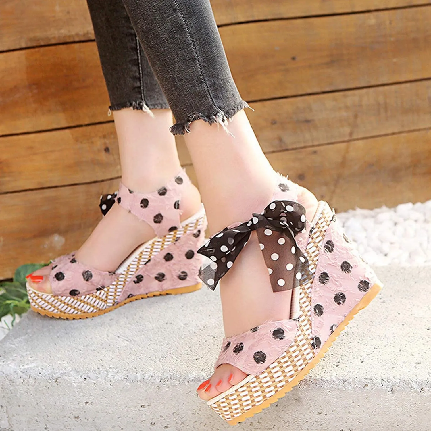 Women's Platform Wedge Sandals Polka Dot Wedge Bow Platform Sandals Elegant Floral Bow Tie Ankle Strap Shoes for Bride Wedding Christmas Halloween Party Favor