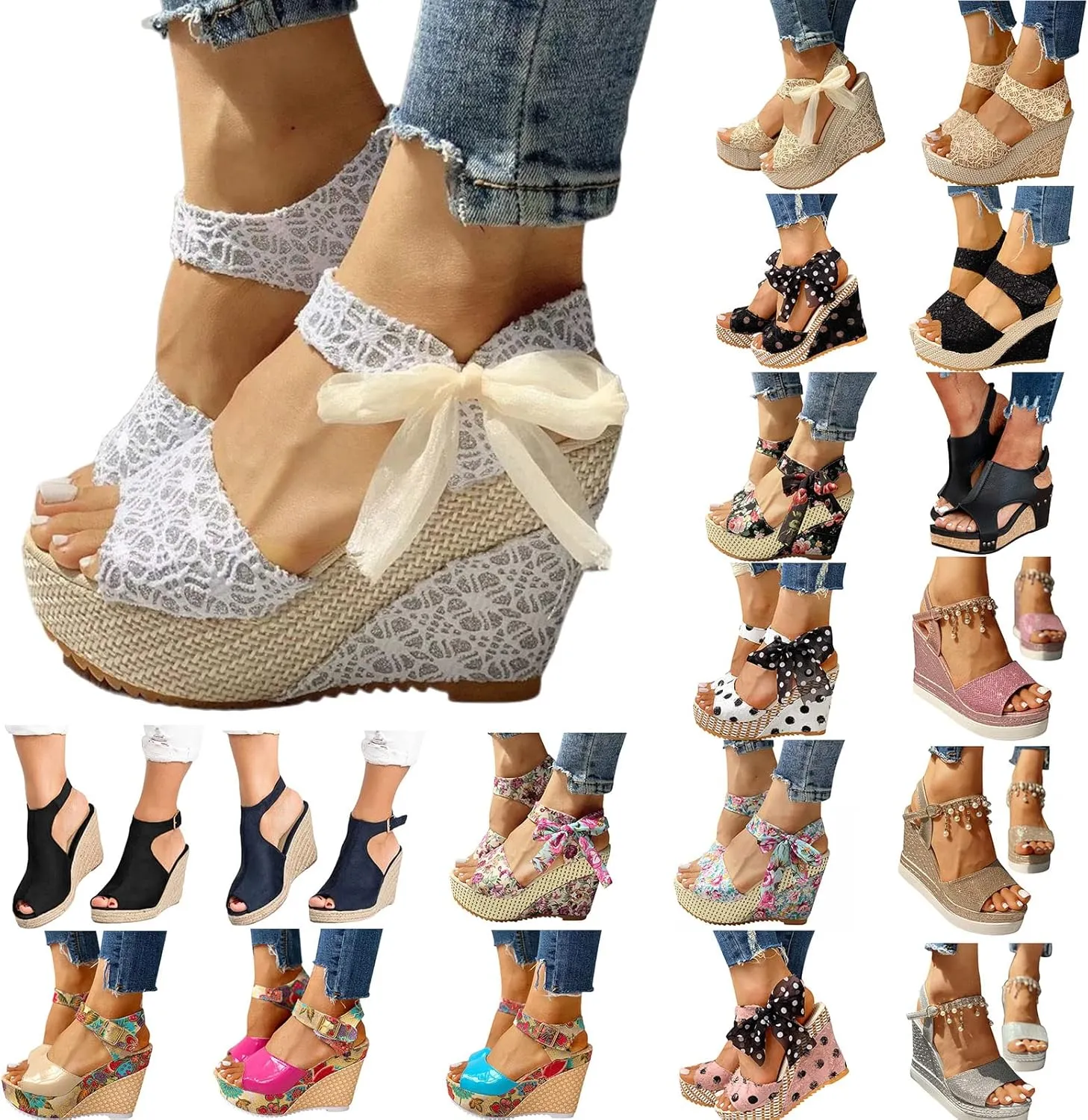 Women's Platform Wedge Sandals Polka Dot Wedge Bow Platform Sandals Elegant Floral Bow Tie Ankle Strap Shoes for Bride Wedding Christmas Halloween Party Favor