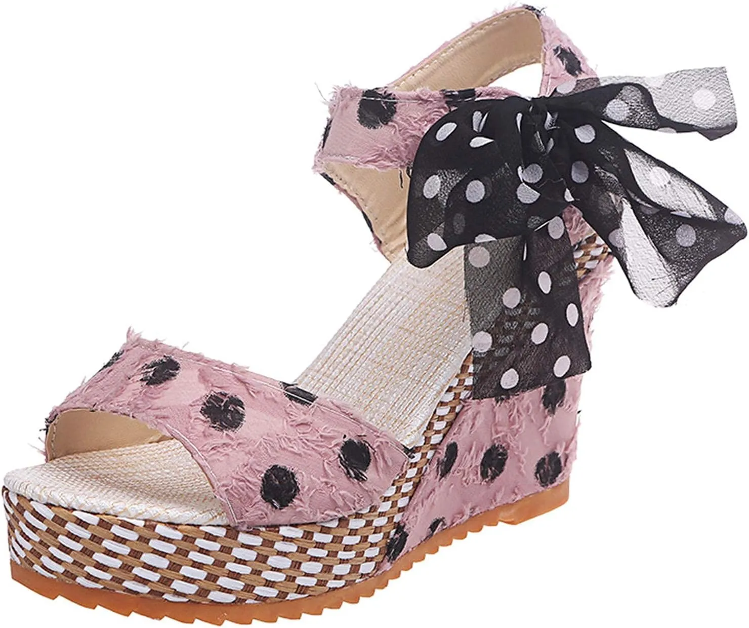 Women's Platform Wedge Sandals Polka Dot Wedge Bow Platform Sandals Elegant Floral Bow Tie Ankle Strap Shoes for Bride Wedding Christmas Halloween Party Favor