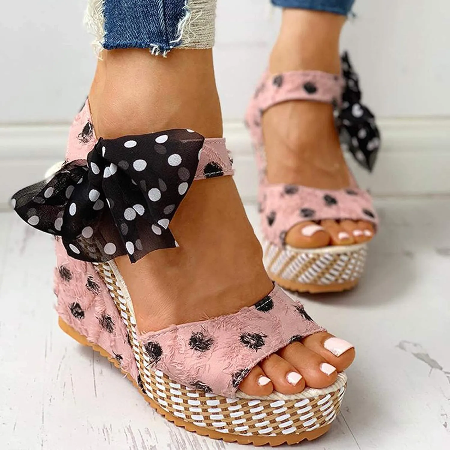 Women's Platform Wedge Sandals Polka Dot Wedge Bow Platform Sandals Elegant Floral Bow Tie Ankle Strap Shoes for Bride Wedding Christmas Halloween Party Favor
