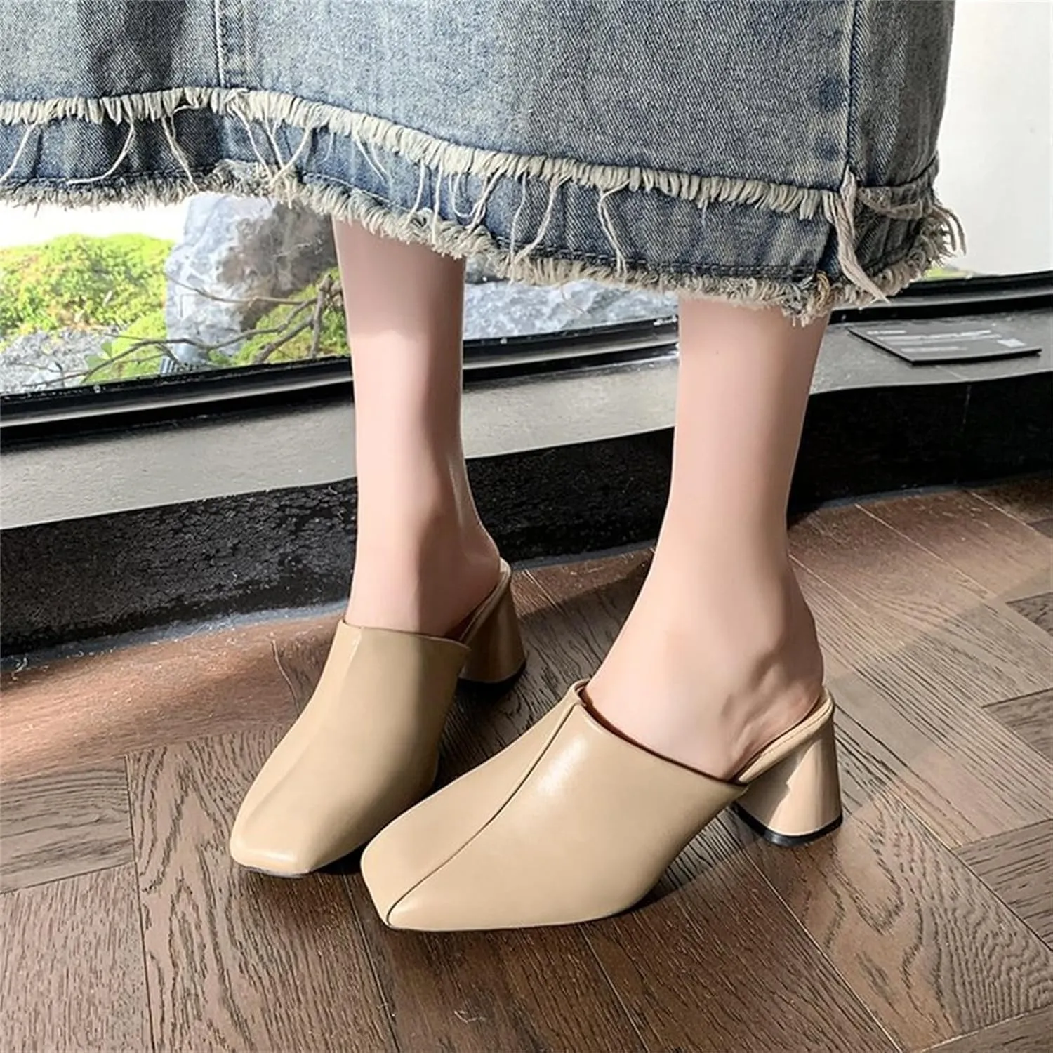 Women's Pumps Closed Toe Block Heel Mules Leather High Heel Slingback Square Toe Sandal Comfortable Dress Shoes