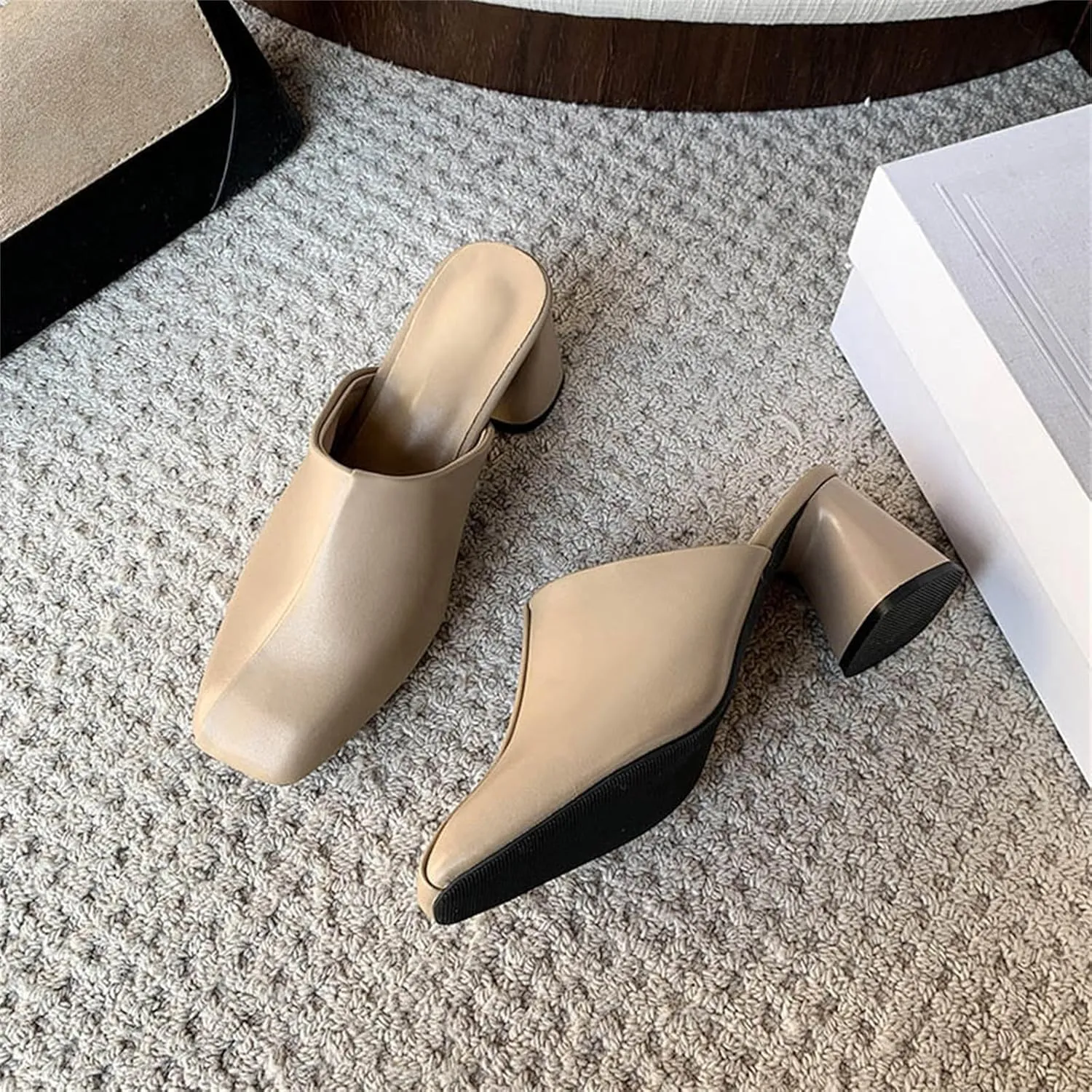 Women's Pumps Closed Toe Block Heel Mules Leather High Heel Slingback Square Toe Sandal Comfortable Dress Shoes