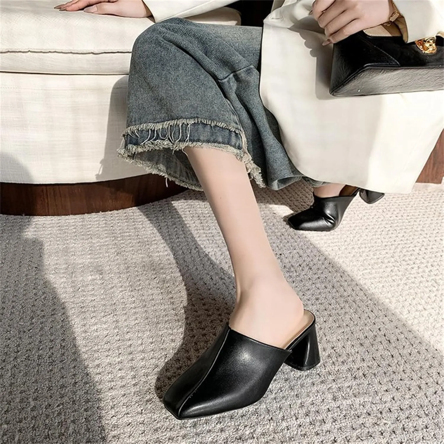 Women's Pumps Closed Toe Block Heel Mules Leather High Heel Slingback Square Toe Sandal Comfortable Dress Shoes