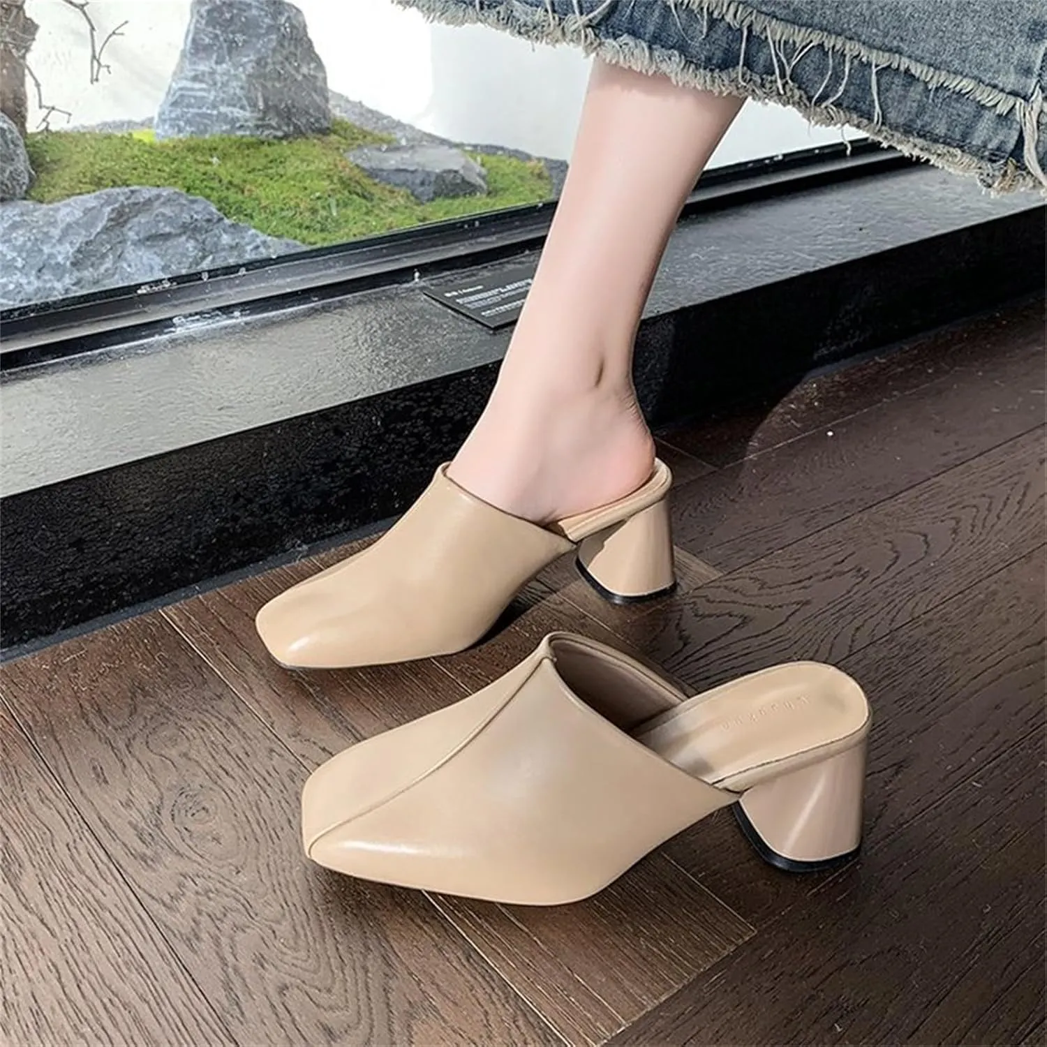 Women's Pumps Closed Toe Block Heel Mules Leather High Heel Slingback Square Toe Sandal Comfortable Dress Shoes