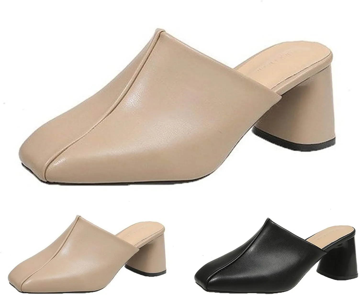 Women's Pumps Closed Toe Block Heel Mules Leather High Heel Slingback Square Toe Sandal Comfortable Dress Shoes