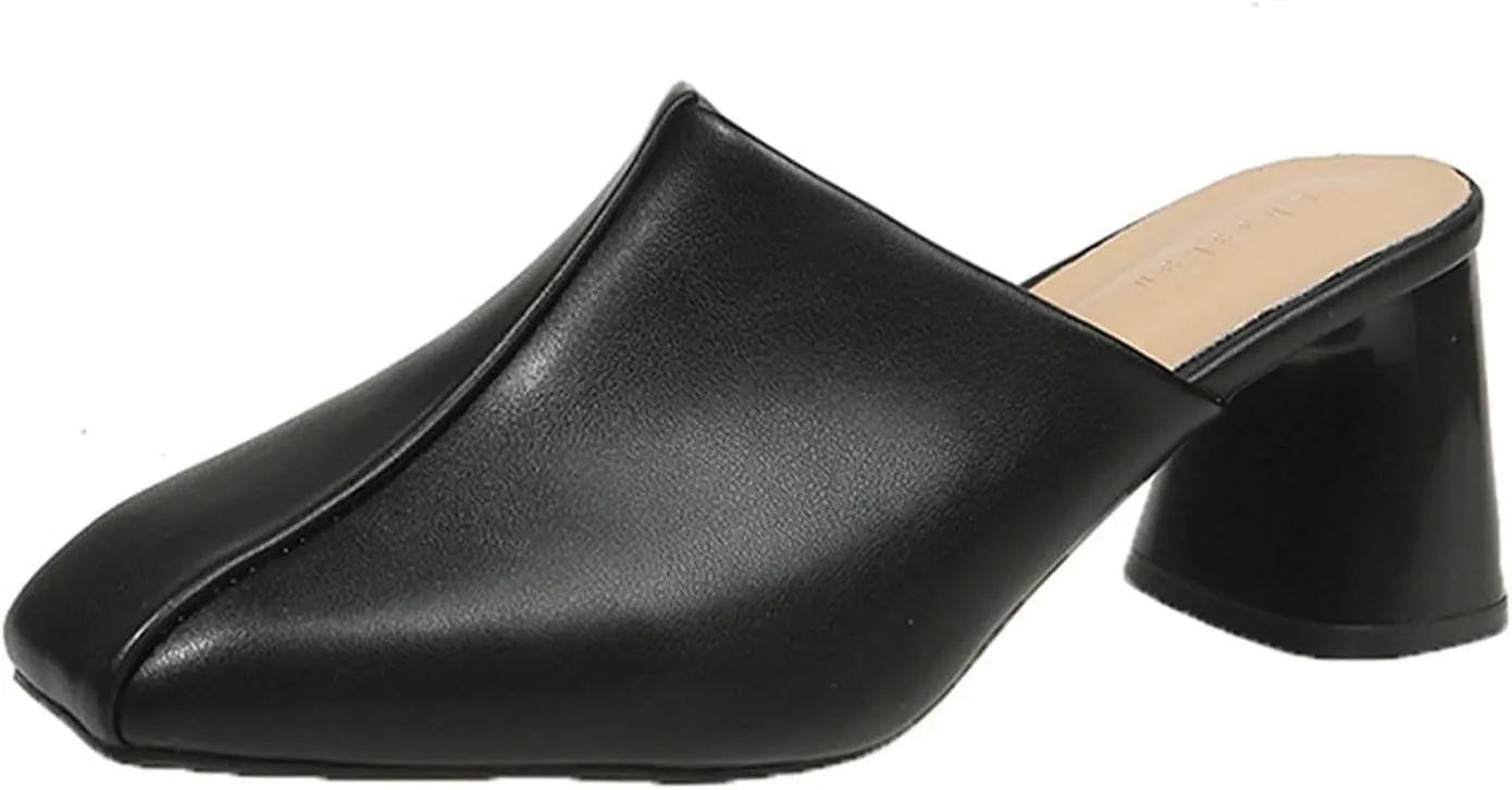 Women's Pumps Closed Toe Block Heel Mules Leather High Heel Slingback Square Toe Sandal Comfortable Dress Shoes