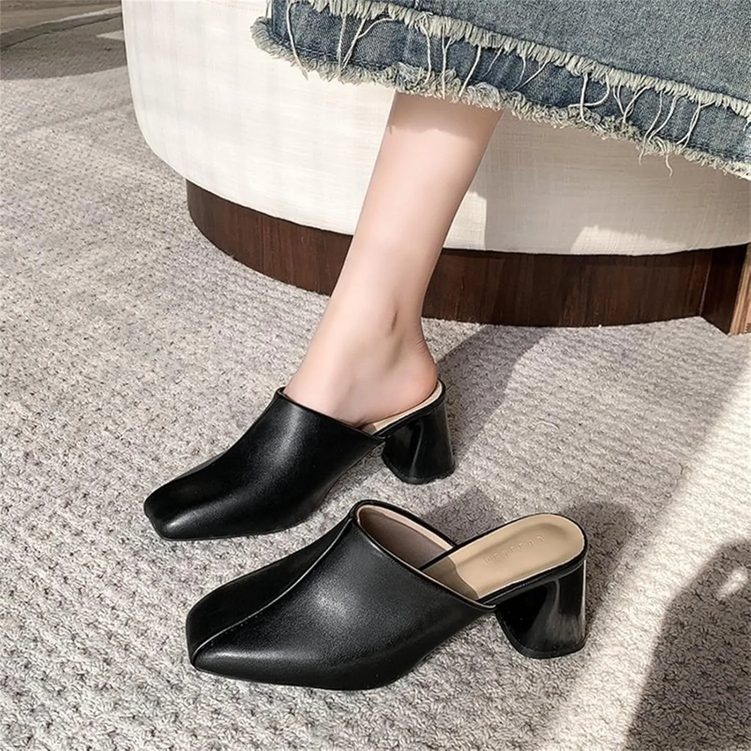 Women's Pumps Closed Toe Block Heel Mules Leather High Heel Slingback Square Toe Sandal Comfortable Dress Shoes