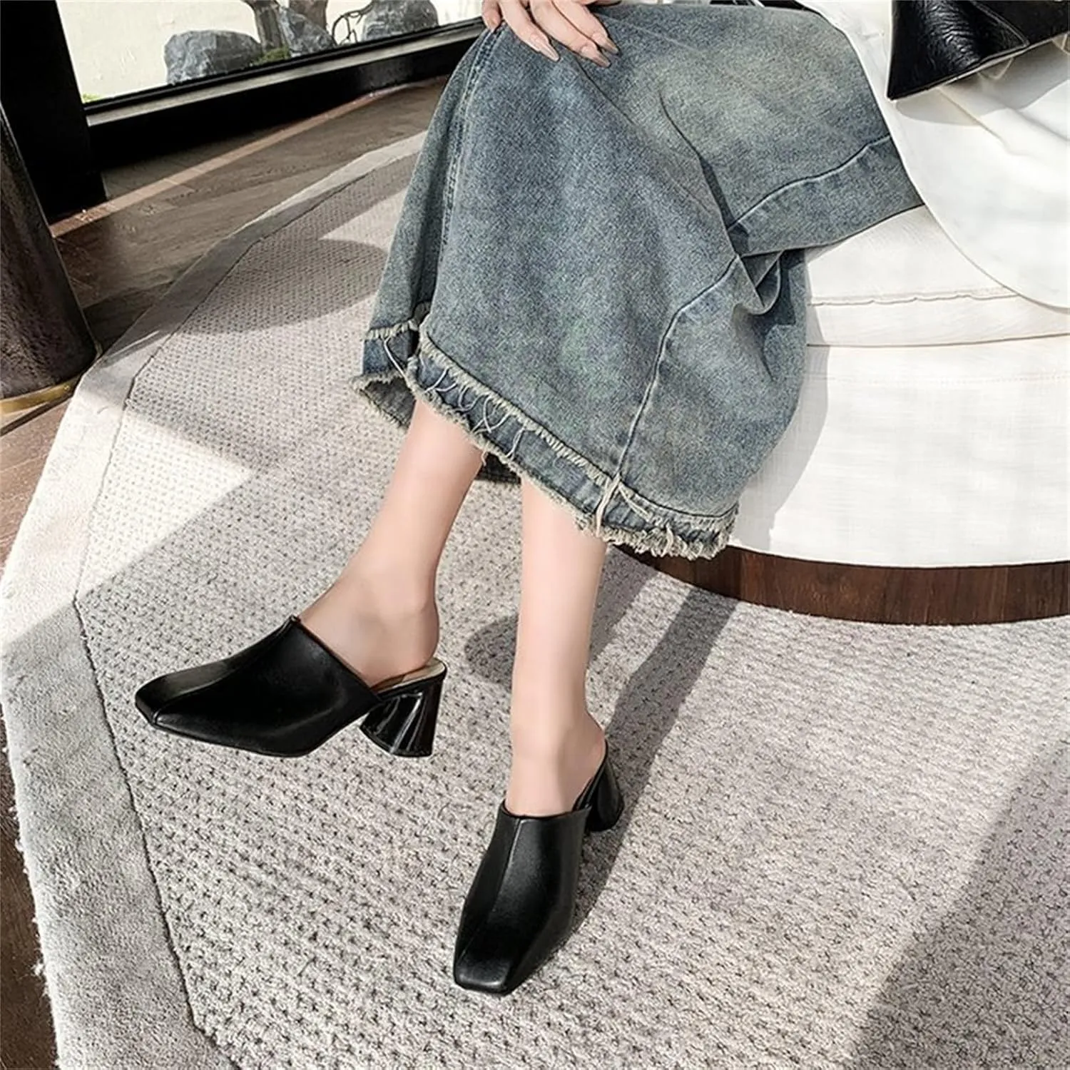Women's Pumps Closed Toe Block Heel Mules Leather High Heel Slingback Square Toe Sandal Comfortable Dress Shoes