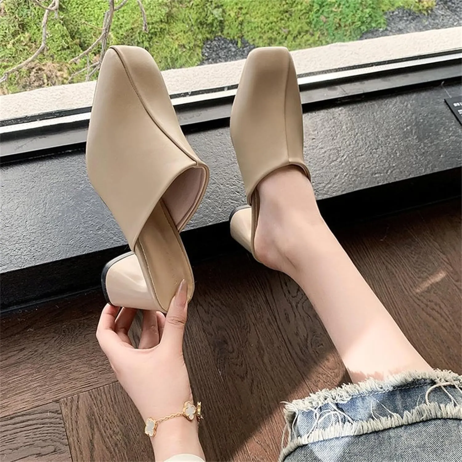 Women's Pumps Closed Toe Block Heel Mules Leather High Heel Slingback Square Toe Sandal Comfortable Dress Shoes