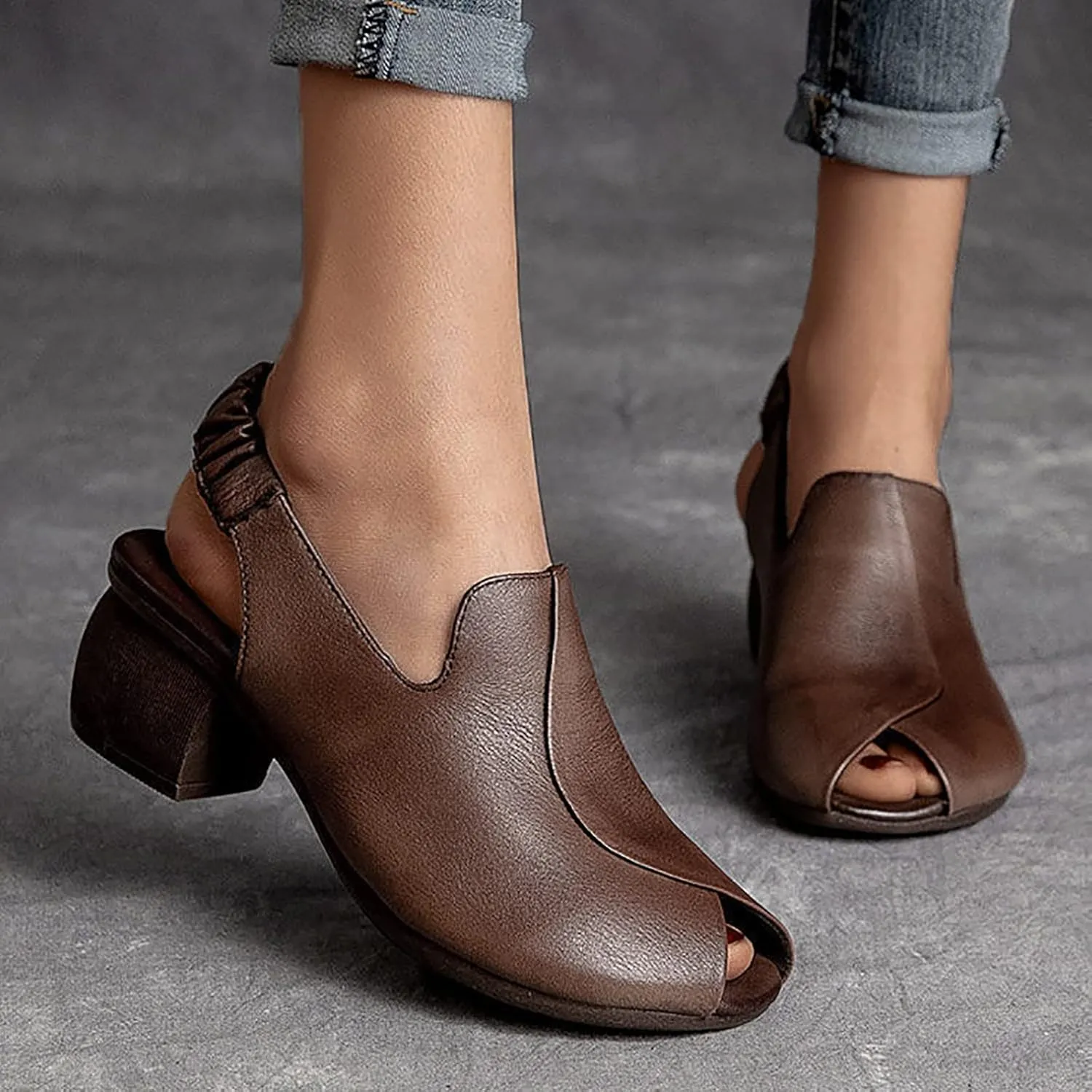 Women's Sandal Leather Fish Mouth Chunky Dress Shoes Slingback Block Heel Open Toe Sandal with Adjustable Strap