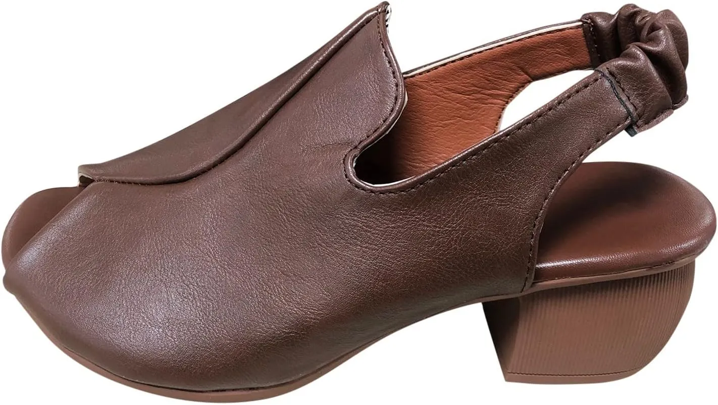 Women's Sandal Leather Fish Mouth Chunky Dress Shoes Slingback Block Heel Open Toe Sandal with Adjustable Strap