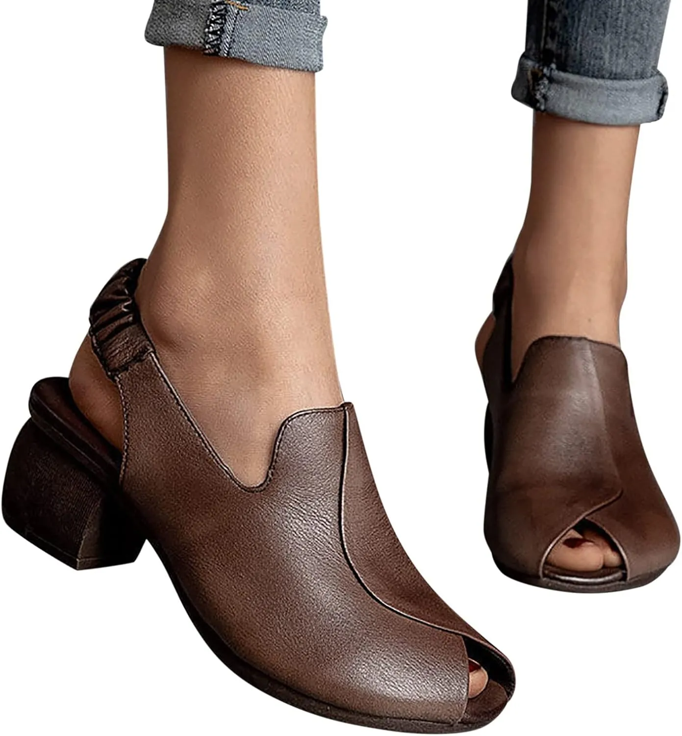 Women's Sandal Leather Fish Mouth Chunky Dress Shoes Slingback Block Heel Open Toe Sandal with Adjustable Strap