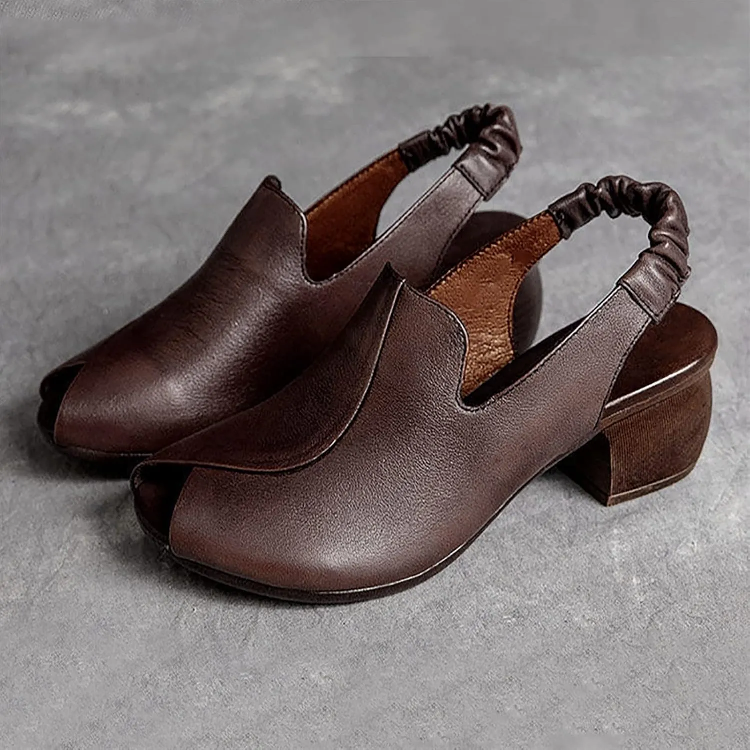 Women's Sandal Leather Fish Mouth Chunky Dress Shoes Slingback Block Heel Open Toe Sandal with Adjustable Strap
