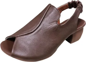 Women's Sandal Leather Fish Mouth Chunky Dress Shoes Slingback Block Heel Open Toe Sandal with Adjustable Strap