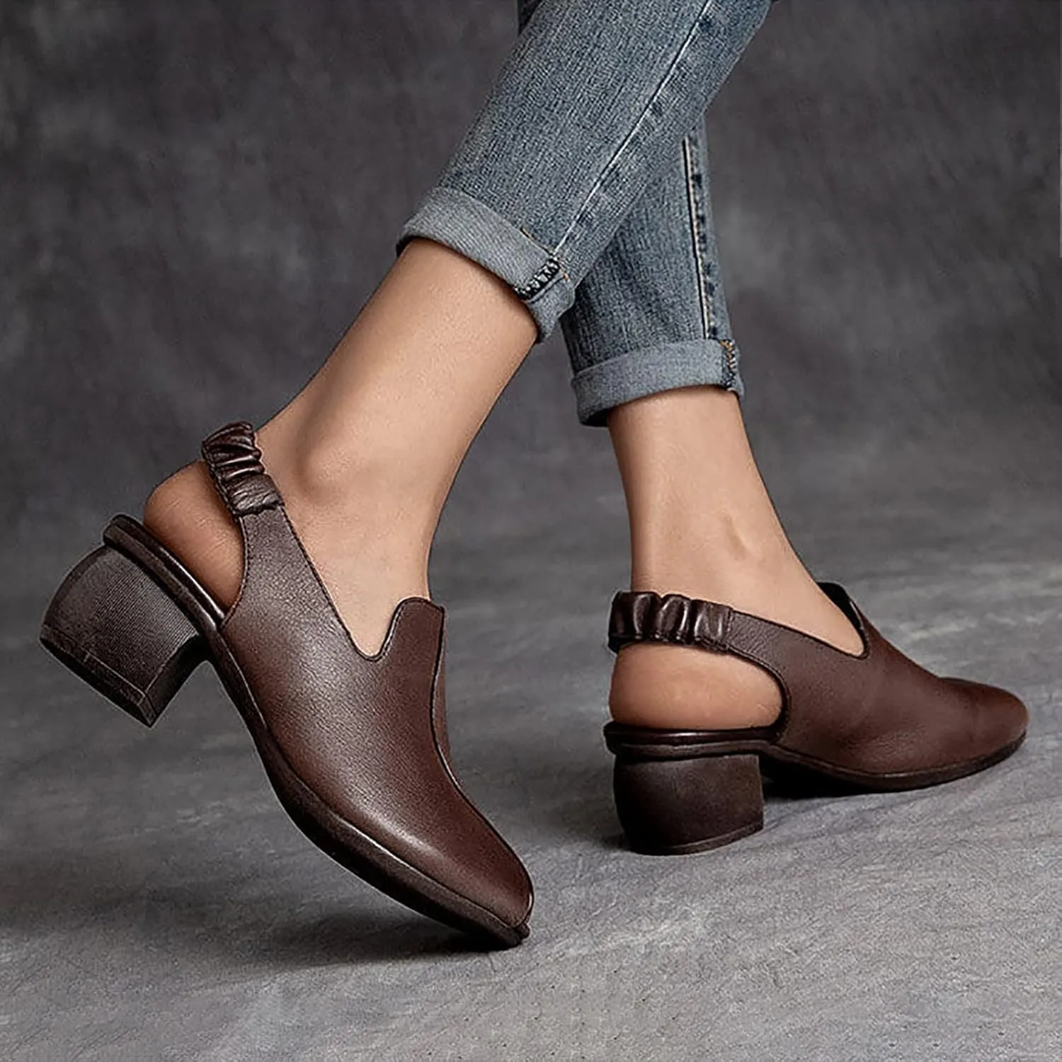 Women's Sandal Leather Fish Mouth Chunky Dress Shoes Slingback Block Heel Open Toe Sandal with Adjustable Strap
