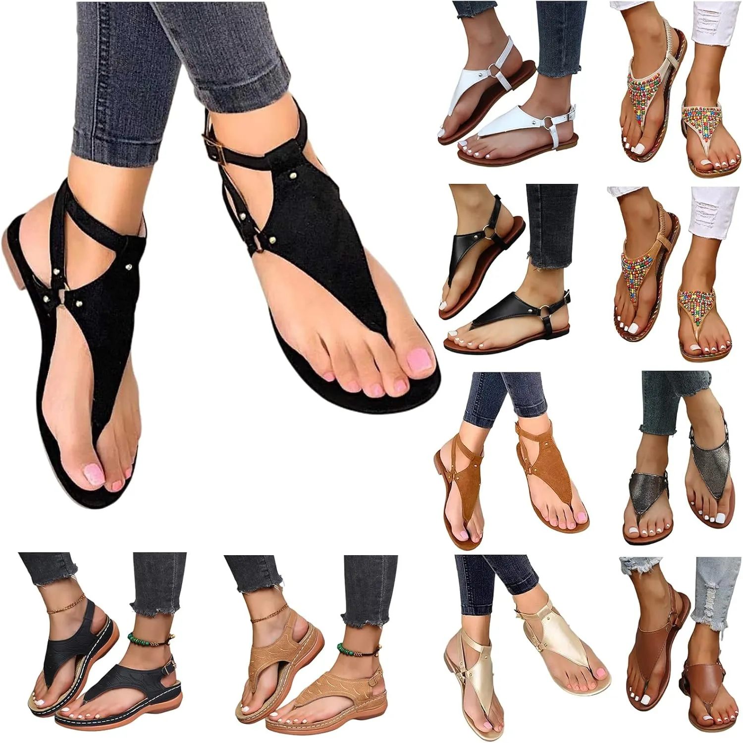 Womens Sandals Summer Beach Flat Thong Sandals Comfortable Open Toe Slides Flip Flops Comfort Walking Shoes Lightweight Shock-Absorbing Thong Sandals for Walking