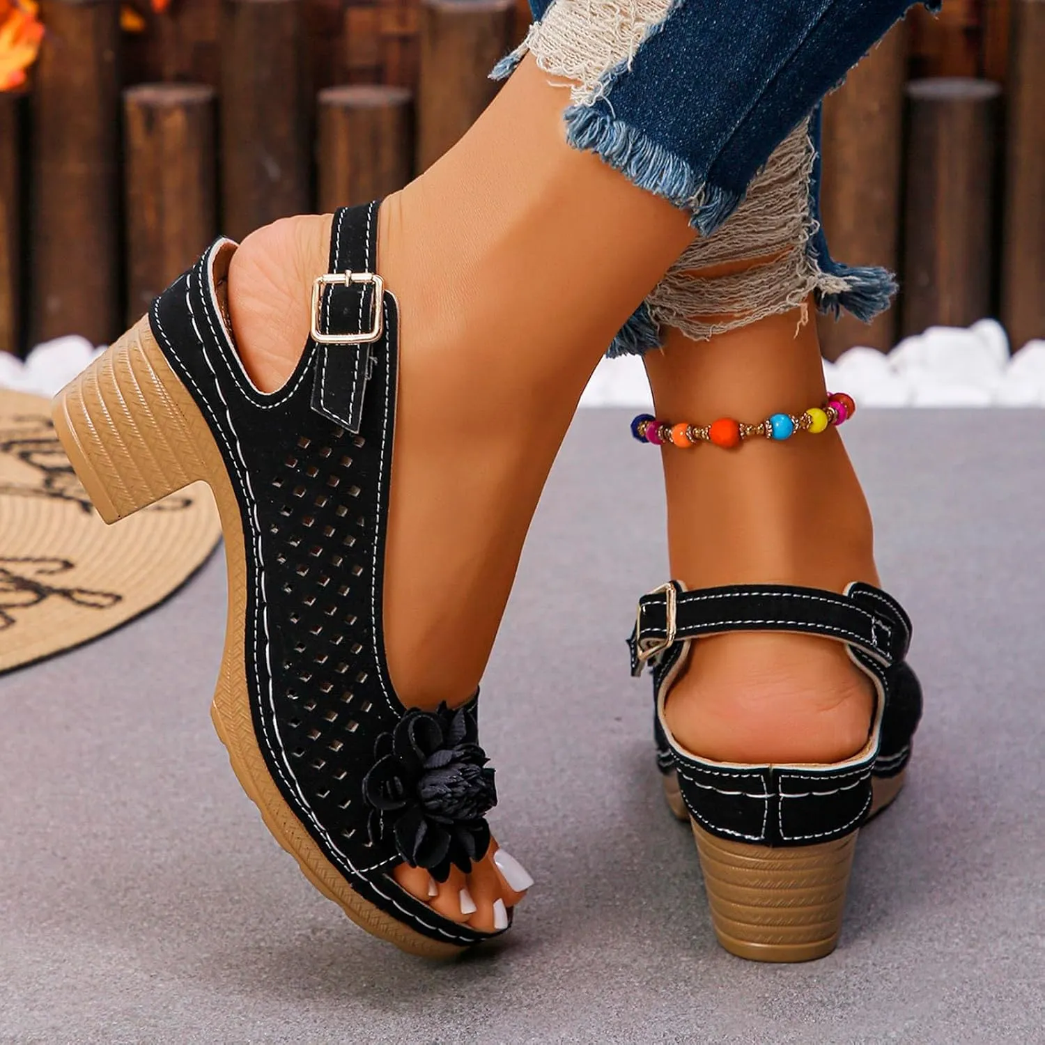 Women's Sandals Summer Open Toe Ankle Buckle Heel Cut Out Vamp Peep Toe Sandals Slingback Casual Solid Color Hollow Out Floral Sandal Dressy Wedding Dance Shoes 2025