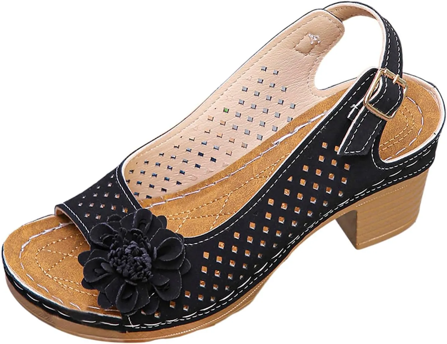Women's Sandals Summer Open Toe Ankle Buckle Heel Cut Out Vamp Peep Toe Sandals Slingback Casual Solid Color Hollow Out Floral Sandal Dressy Wedding Dance Shoes 2025