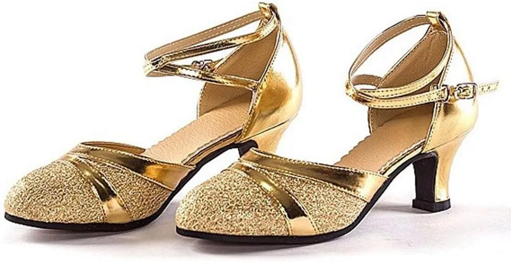 Women's Sequin High Heel Sandals Closed Toe Strappy Anckle Buckle Shiny Wedding Party Pump Casual Dressy Dance Shoes
