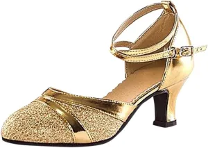 Women's Sequin High Heel Sandals Closed Toe Strappy Anckle Buckle Shiny Wedding Party Pump Casual Dressy Dance Shoes