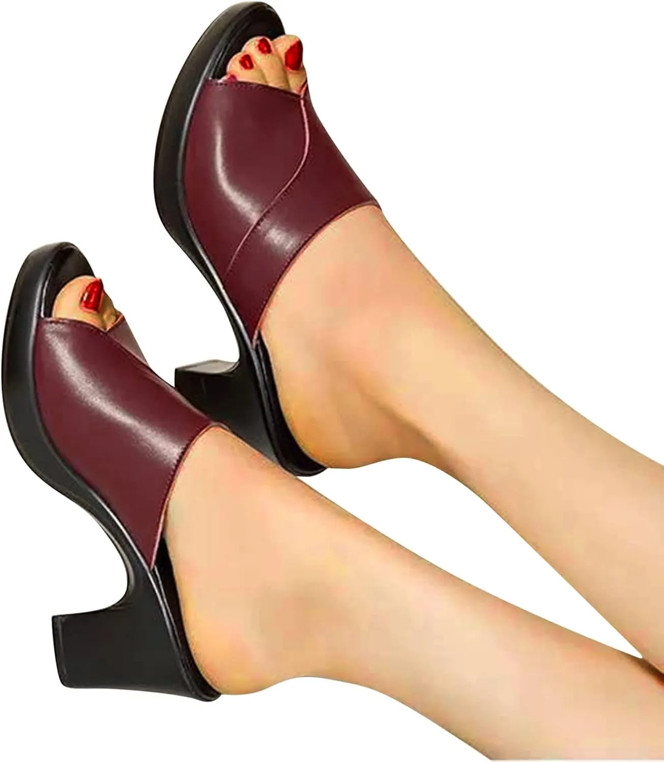 Women's Slipper Leather Round Toe Chunky Heel Sandal Open Toe Block Heel Dress Shoes Fish Mouth Slingback Mules