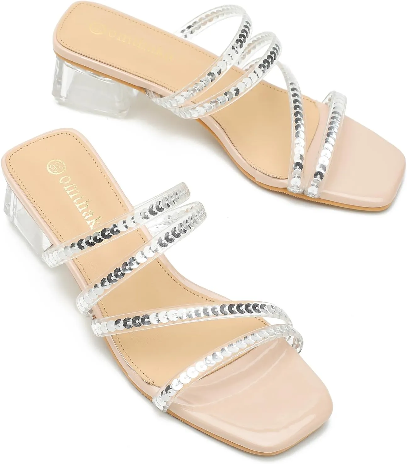 Women's Square Toe Heeled Sandals Strappy Heels Low Chunky Block Clear Heel Mules Slip on Wedding Bridal Party Dress Shoes