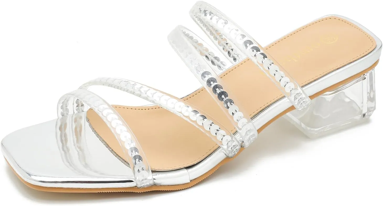 Women's Square Toe Heeled Sandals Strappy Heels Low Chunky Block Clear Heel Mules Slip on Wedding Bridal Party Dress Shoes
