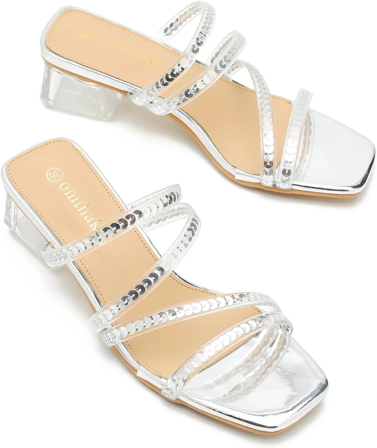 Women's Square Toe Heeled Sandals Strappy Heels Low Chunky Block Clear Heel Mules Slip on Wedding Bridal Party Dress Shoes