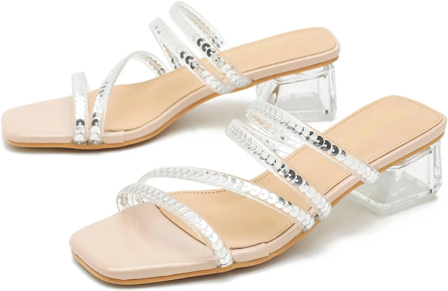 Women's Square Toe Heeled Sandals Strappy Heels Low Chunky Block Clear Heel Mules Slip on Wedding Bridal Party Dress Shoes