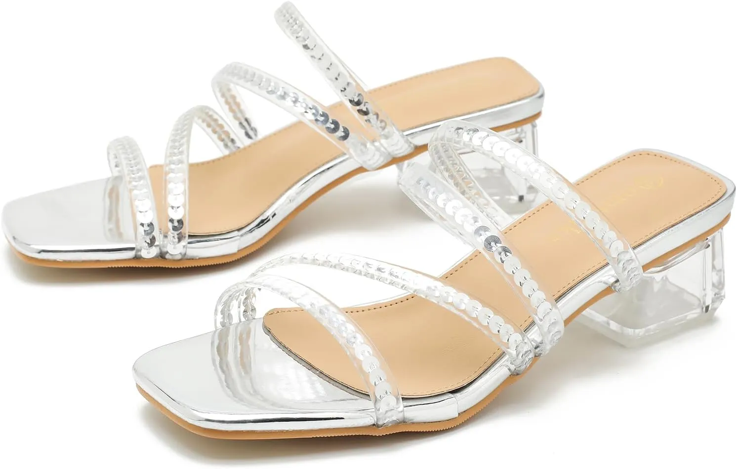 Women's Square Toe Heeled Sandals Strappy Heels Low Chunky Block Clear Heel Mules Slip on Wedding Bridal Party Dress Shoes