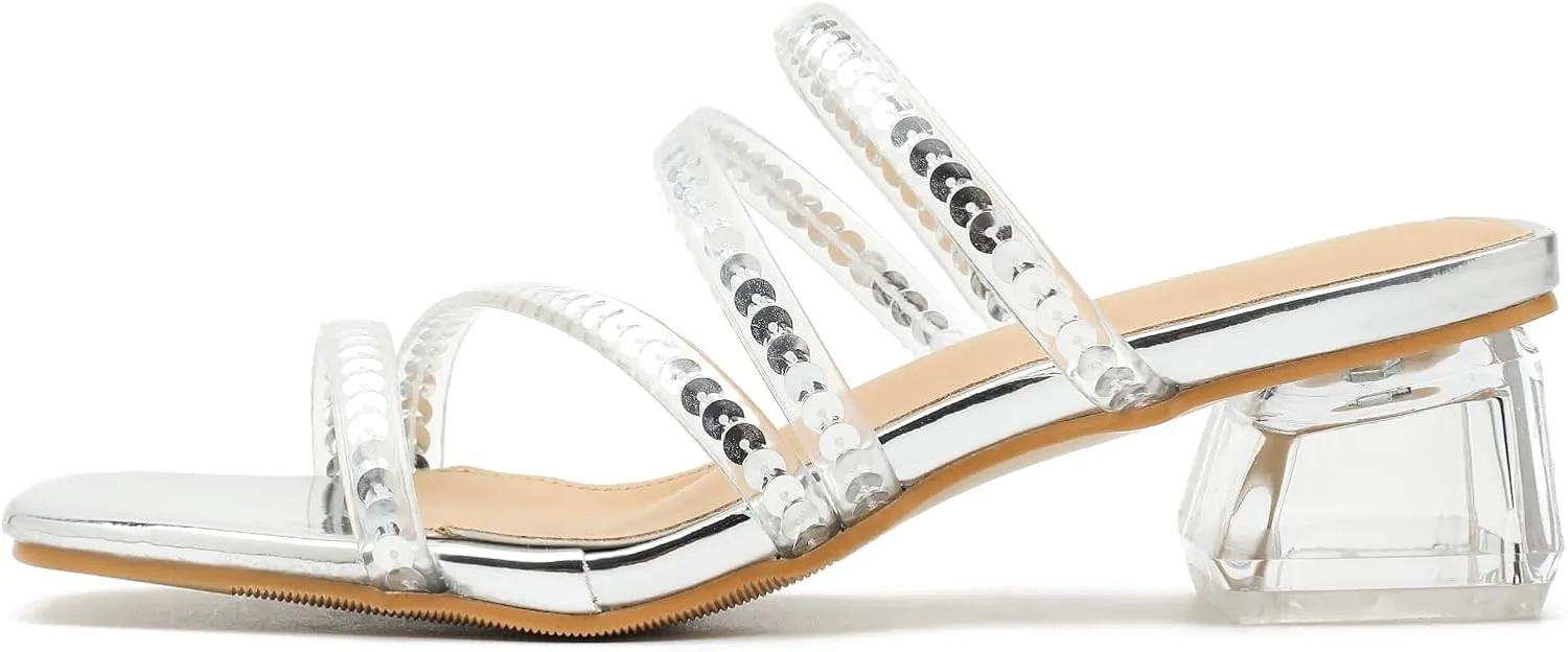Women's Square Toe Heeled Sandals Strappy Heels Low Chunky Block Clear Heel Mules Slip on Wedding Bridal Party Dress Shoes