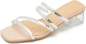 Women's Square Toe Heeled Sandals Strappy Heels Low Chunky Block Clear Heel Mules Slip on Wedding Bridal Party Dress Shoes