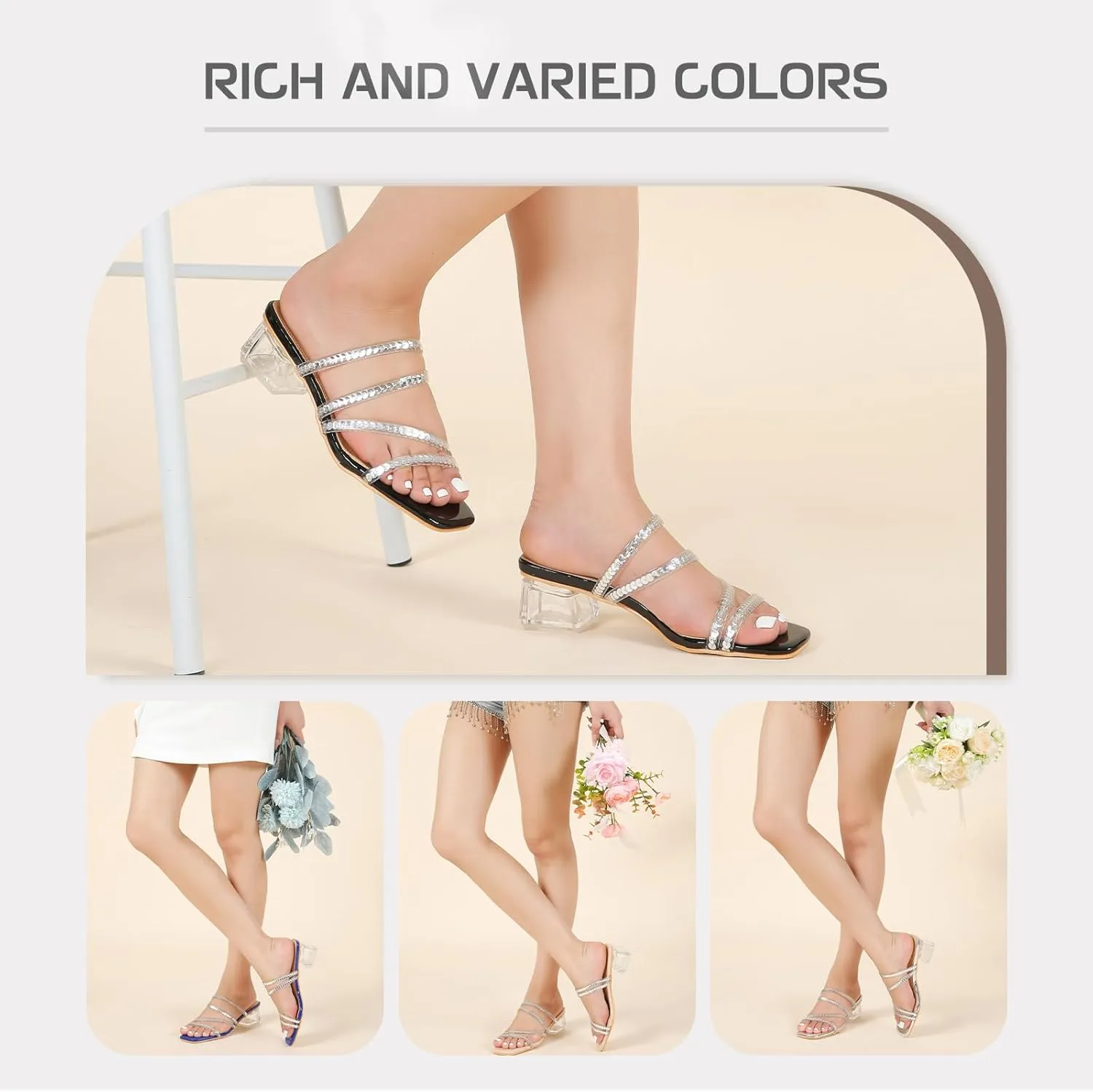 Women's Square Toe Heeled Sandals Strappy Heels Low Chunky Block Clear Heel Mules Slip on Wedding Bridal Party Dress Shoes