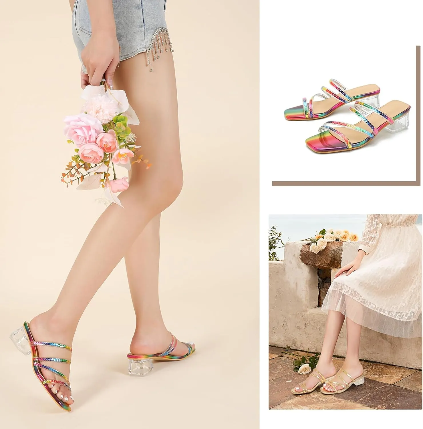 Women's Square Toe Heeled Sandals Strappy Heels Low Chunky Block Clear Heel Mules Slip on Wedding Bridal Party Dress Shoes
