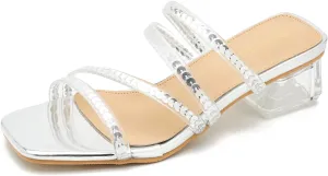 Women's Square Toe Heeled Sandals Strappy Heels Low Chunky Block Clear Heel Mules Slip on Wedding Bridal Party Dress Shoes
