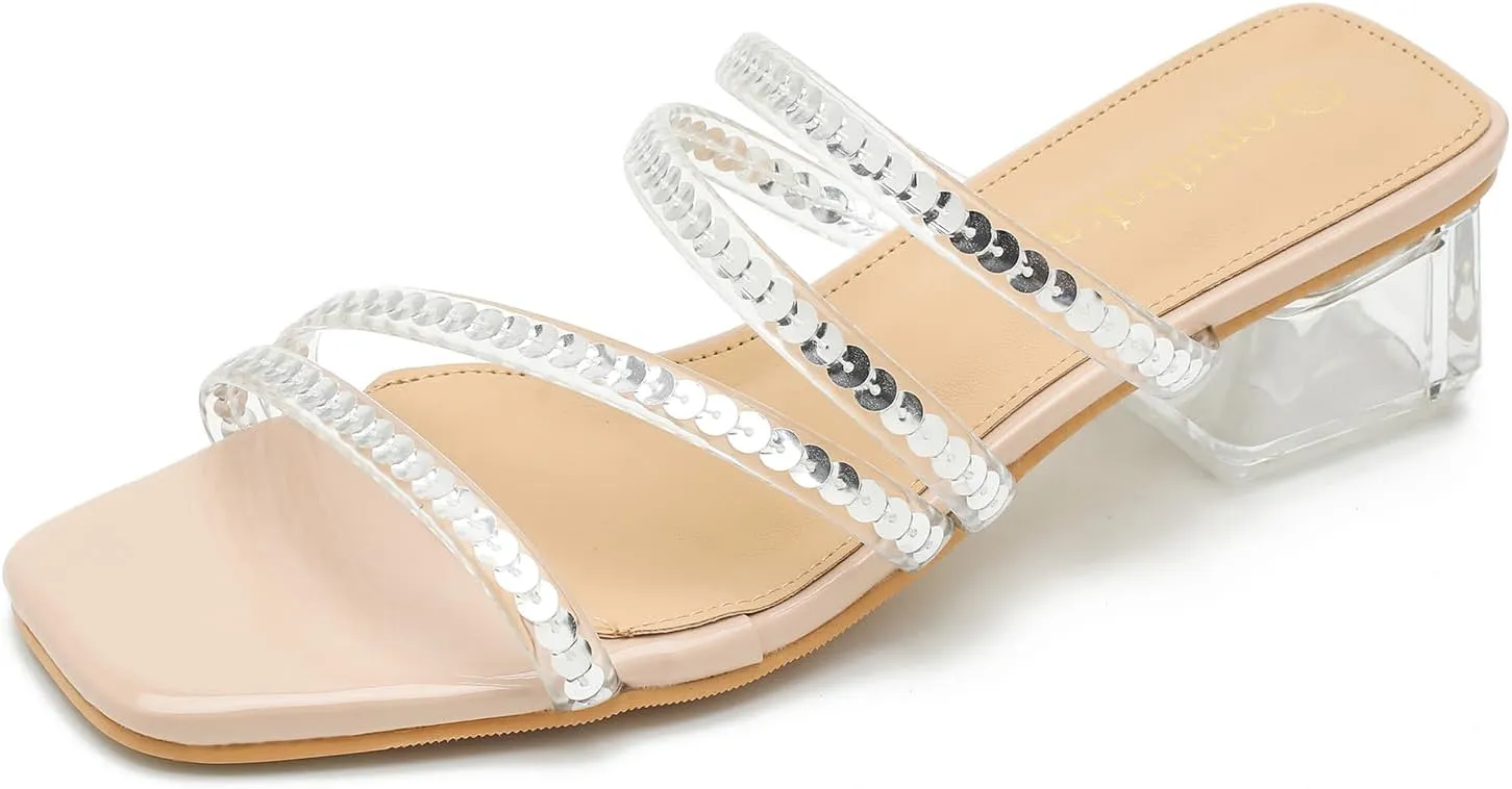 Women's Square Toe Heeled Sandals Strappy Heels Low Chunky Block Clear Heel Mules Slip on Wedding Bridal Party Dress Shoes