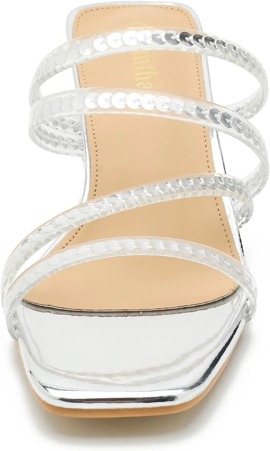 Women's Square Toe Heeled Sandals Strappy Heels Low Chunky Block Clear Heel Mules Slip on Wedding Bridal Party Dress Shoes