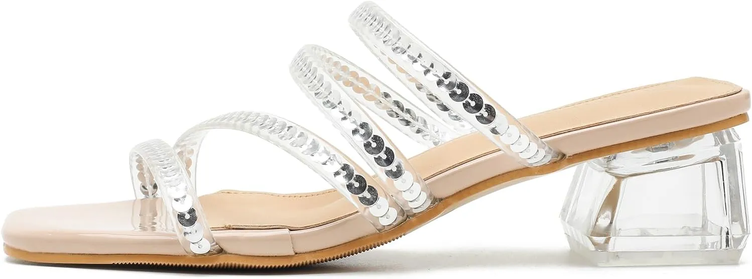 Women's Square Toe Heeled Sandals Strappy Heels Low Chunky Block Clear Heel Mules Slip on Wedding Bridal Party Dress Shoes